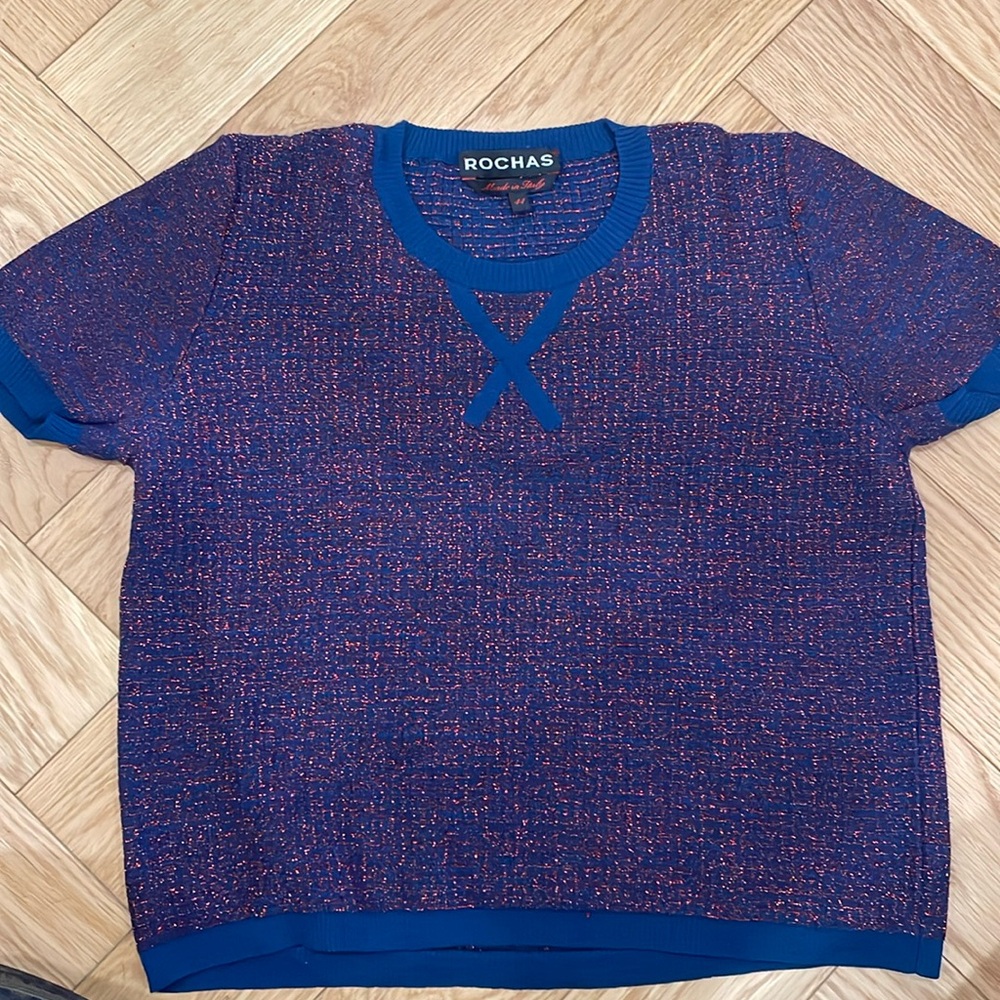 Navy and red metallic top